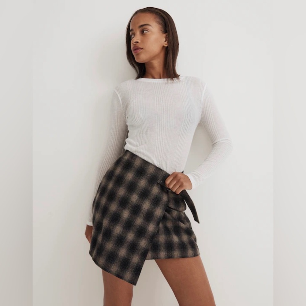Madewell Black and Brown Plaid Asymmetrical Wrap Skirt